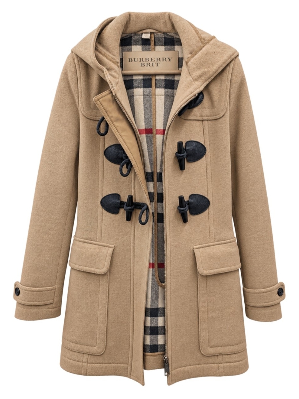 Burberry Brit Camel Toggle Hooded Pea Coat with Check Lining
